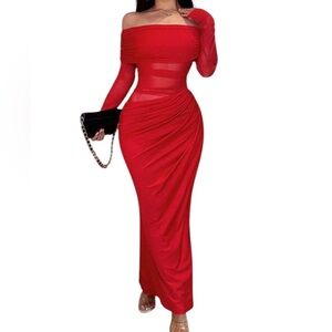 Unbranded Mesh Ruched Maxi Dress See Threw Off Shoulder Long Sleeve Size M. B12